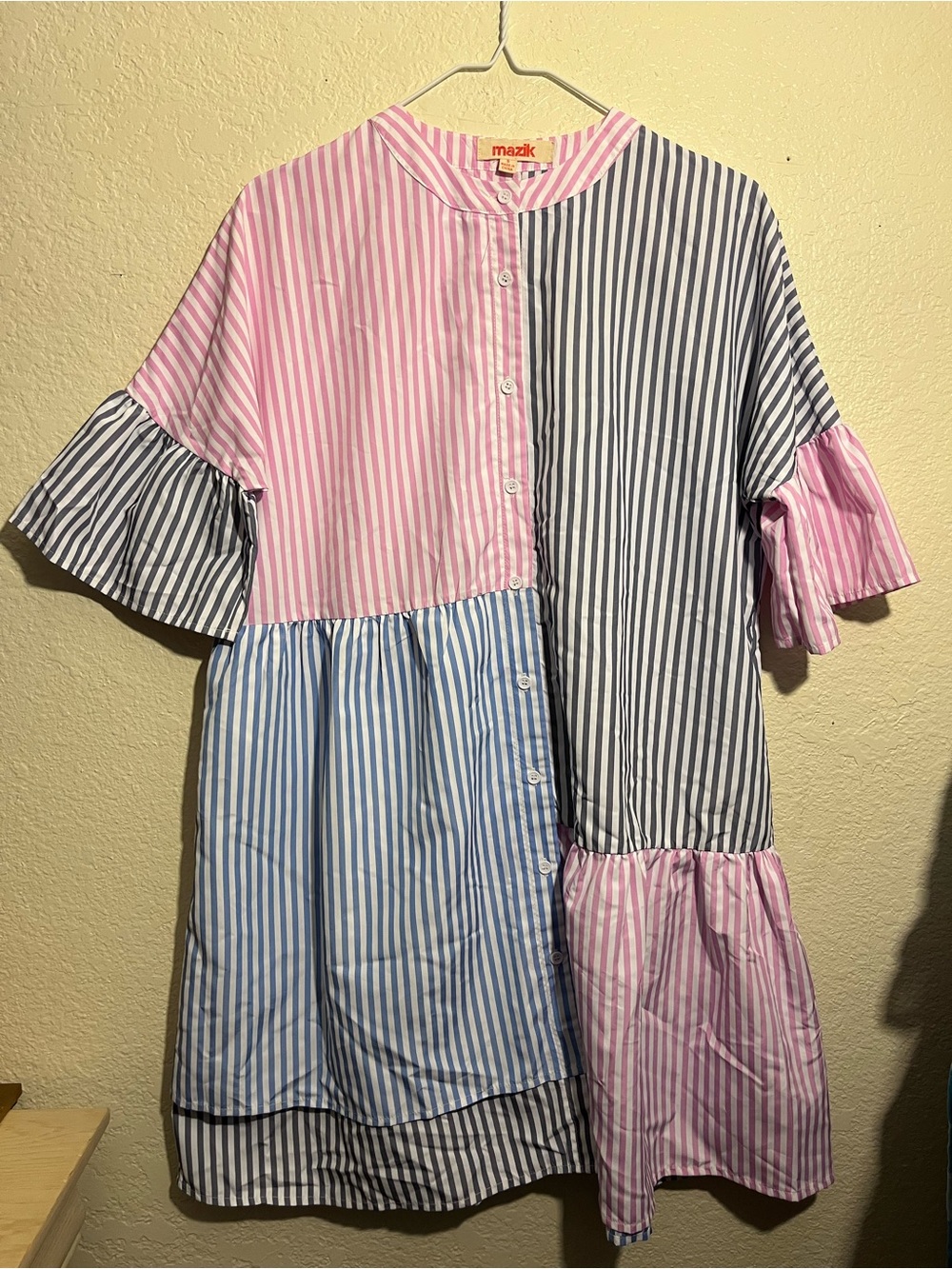 Mazik Pink and Blue Vertical Stripe Button-Front Dress